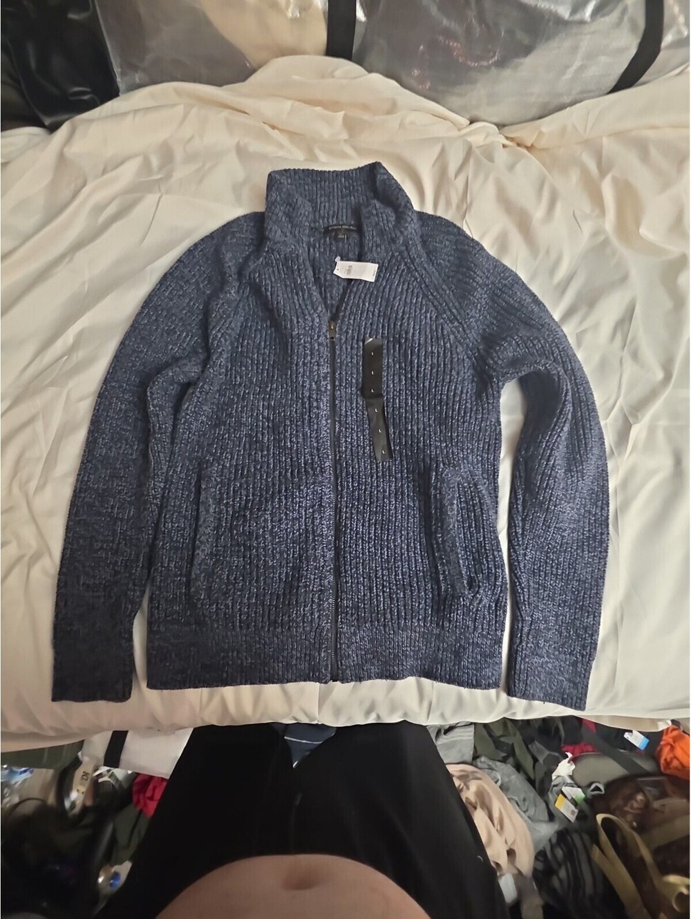 Banana Republic Men's Blue Marled Knit Full Zip Mock Neck Cardigan Sweater
